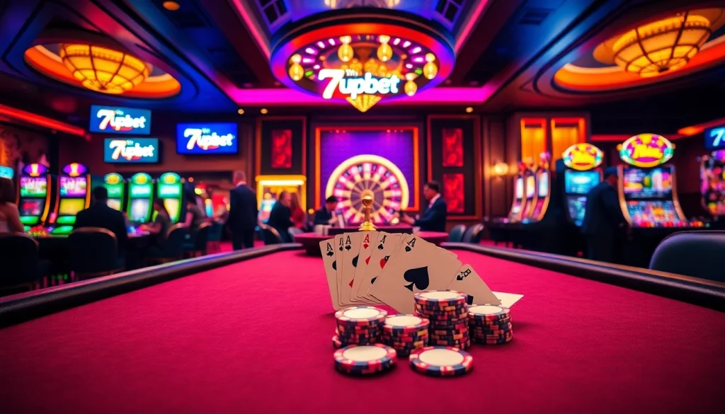 Experience the thrill of the 7upbet casino with vibrant poker tables, roulette wheels, and slot machines.