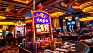Para pemain menikmati kegembiraan kemenangan di mesin slot Depo 1k di kasino yang penuh warna.
