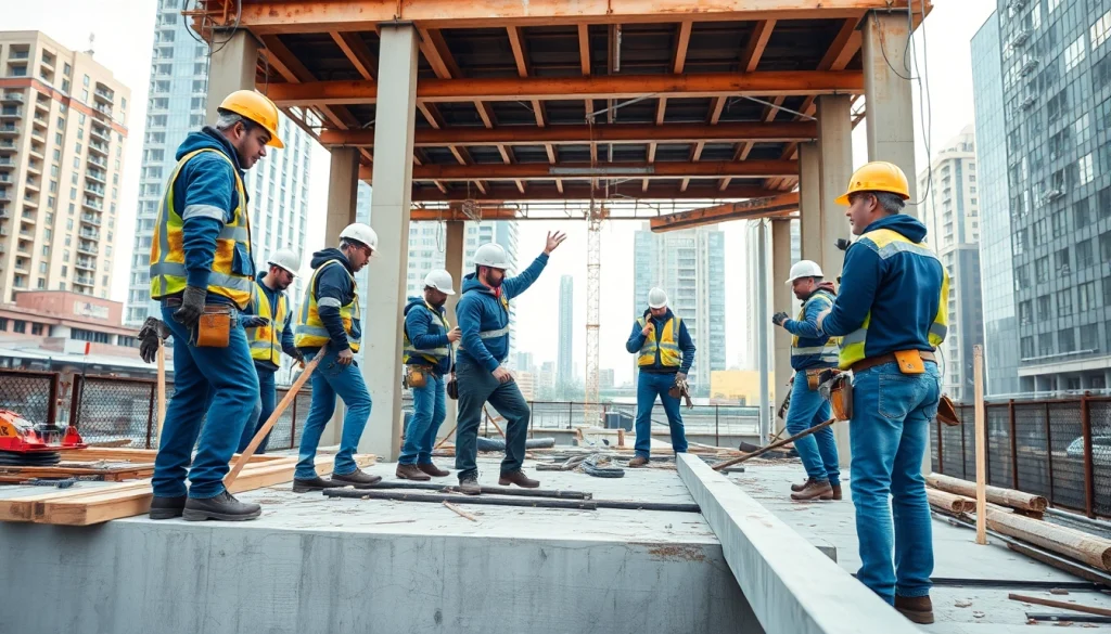 Workers engaged in a construction career, showcasing teamwork and skill on-site.