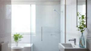 Shower screen door in a modern bathroom with elegant decor and natural light.