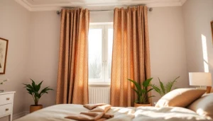 Bekijk stijlvolle verduisterende gordijnen die een gezellige slaapkamer verfraaien.