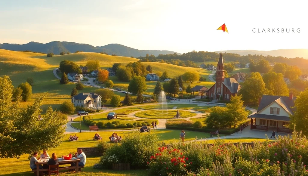 Families enjoying a sunny day in Clarksburg's scenic park with historic buildings in the background.