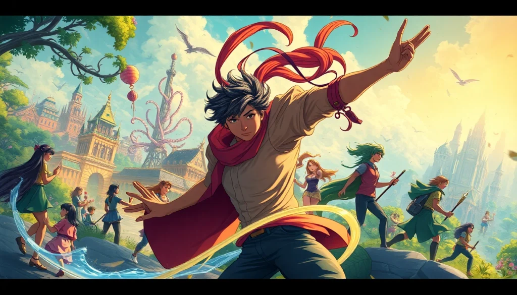 무료웹툰의 다양한 캐릭터들이 함께 모여 있는 화려한 장면