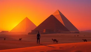 A stunning view of piraminds in Giza against a vibrant sunset.
