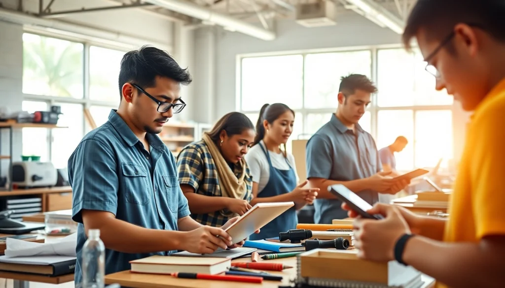 Students actively learning at hawaii trade schools using hands-on skills in a vibrant classroom.