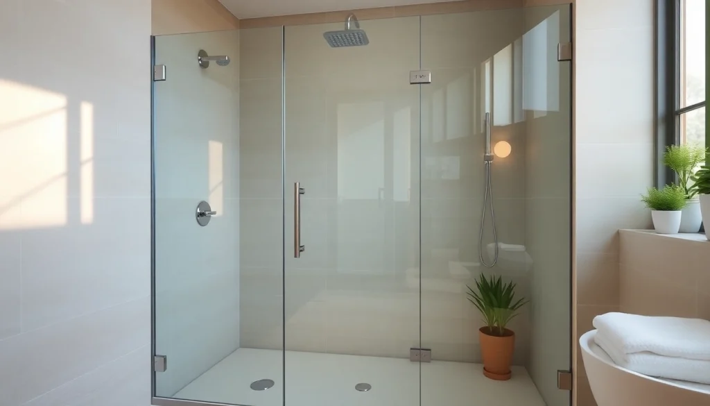 Showcase elegant sunney shower doors in a modern bathroom with bright lighting and a minimalist design.