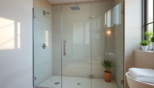 Showcase elegant sunney shower doors in a modern bathroom with bright lighting and a minimalist design.