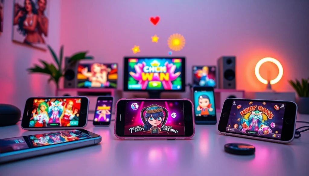 Mobile porn game gameplay displayed on modern devices in a vibrant workspace.