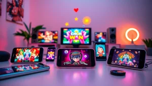 Mobile porn game gameplay displayed on modern devices in a vibrant workspace.