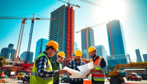 Austin construction site bustling with activity as builders collaborate on a high-rise project.