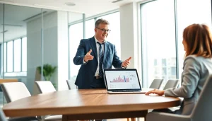 Engaging business coaching service interaction between a coach and client in a modern office.