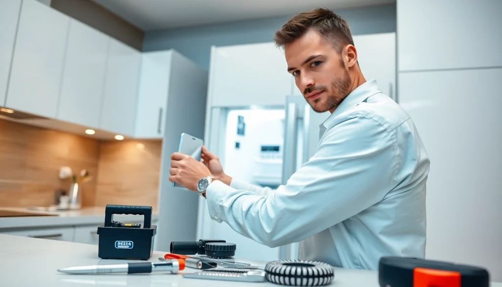 Technician performing refrigerator repair ottawa service in a bright modern kitchen.