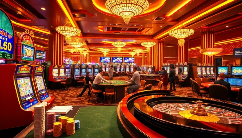 Experience the excitement of xin 88 with vibrant poker tables and colorful slot machines on a luxurious casino floor.