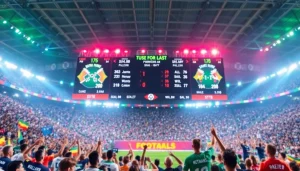 Live score updates for ผลบอลสดไทย displayed prominently in a vibrant football stadium setting.