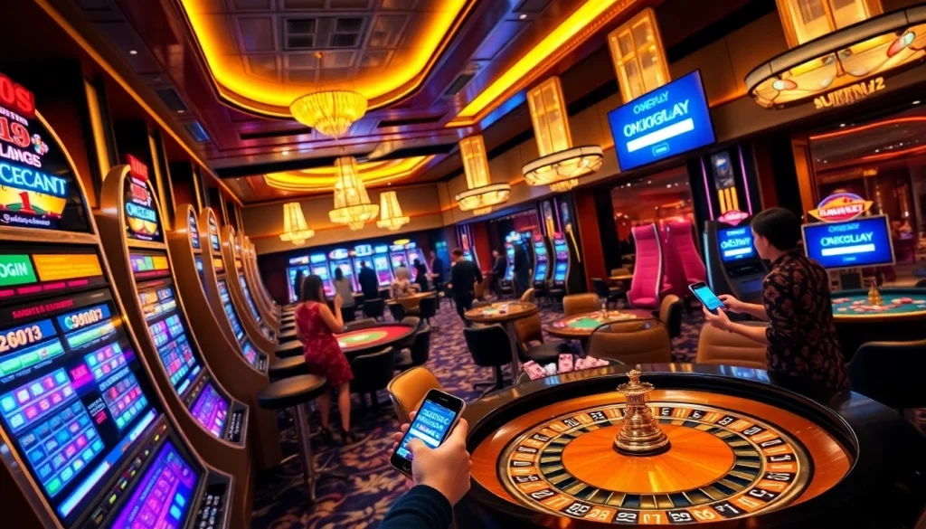 Engaging scene of players at an upscale casino using onicplay login features on mobile devices.