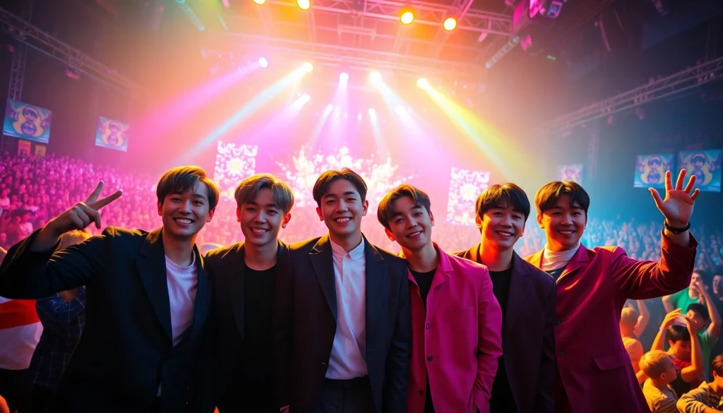 BTS members performing energetically on stage with vibrant lights and enthusiastic crowd.