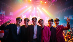 BTS members performing energetically on stage with vibrant lights and enthusiastic crowd.