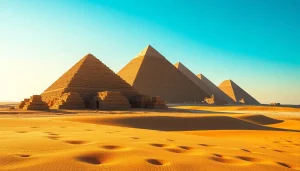 View of ancient piraminds in a desert landscape showcasing their majestic structure.