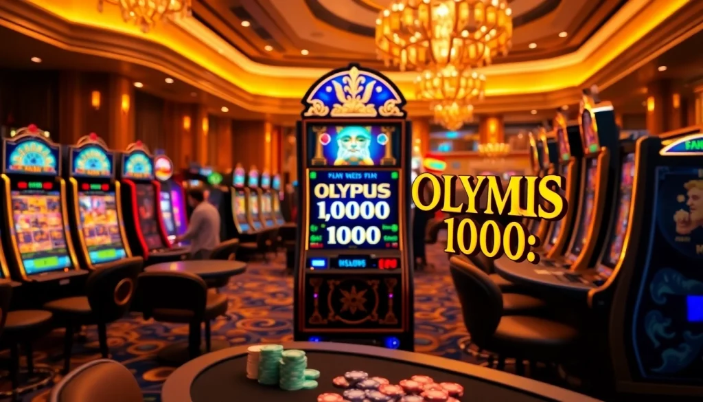 Experience thrilling gameplay on the Olympus 1000 slot machine surrounded by vibrant casino elements.