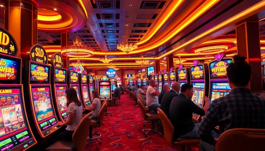 Pemain yang antusias menikmati permainan slot deposit pulsa tanpa potongan di tengah suasana kasino yang meriah.
