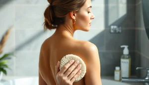 Using the best back loofah for dry skin to achieve smoother skin in a calming bathroom setting.