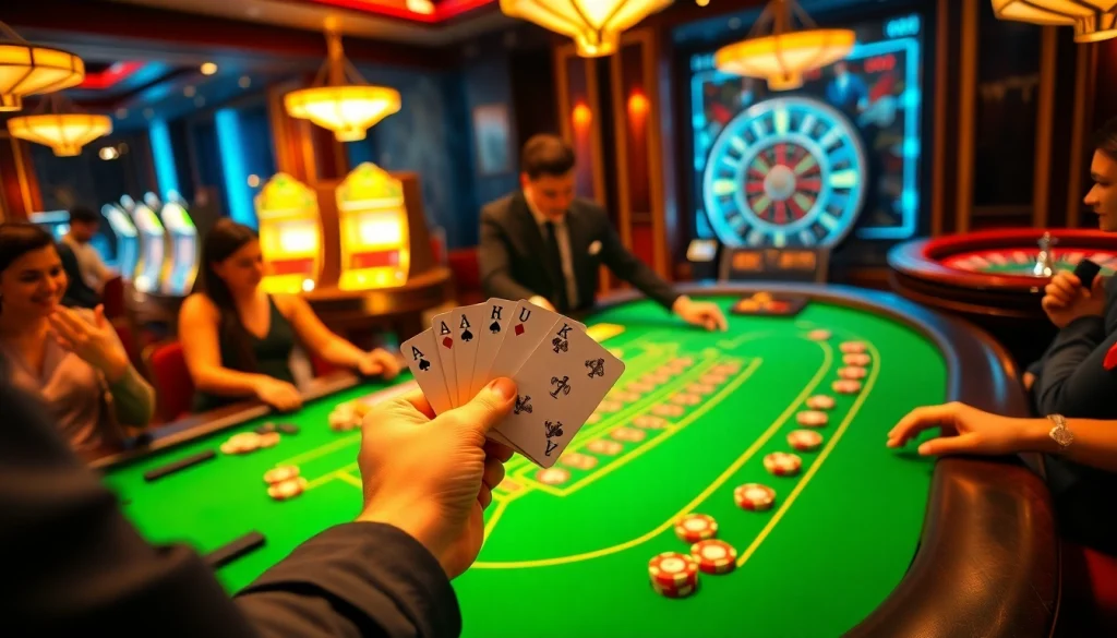 Para pemain merayakan 'datuk win' di meja blackjack dalam suasana kasino yang hidup.