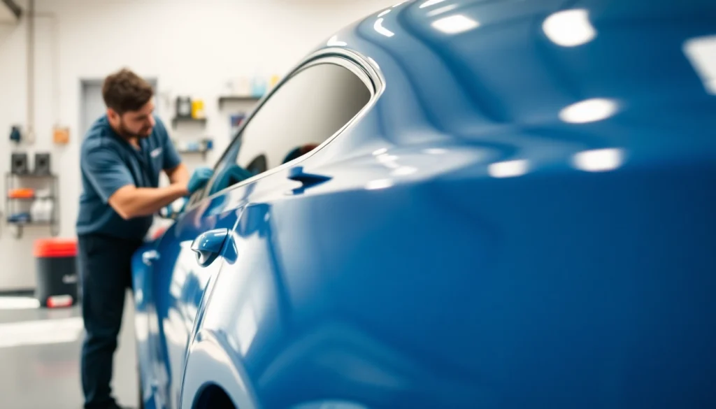 Ceramic coating Chattanooga being expertly applied to a vehicle in a bright garage environment.