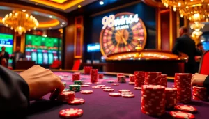 Experience dynamic gaming with 98win64 in a vibrant casino setting featuring poker chips and a roulette wheel.