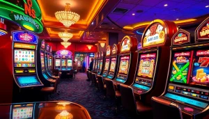 Engage with the thrilling slot demo mahjong experience in a vibrant casino setting filled with excited players and colorful slot machines.