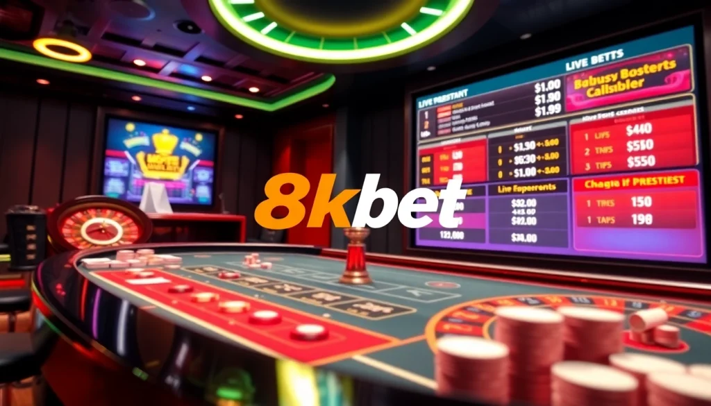 Exciting online gambling scene featuring 8kbet with casino tables and vibrant gaming elements.