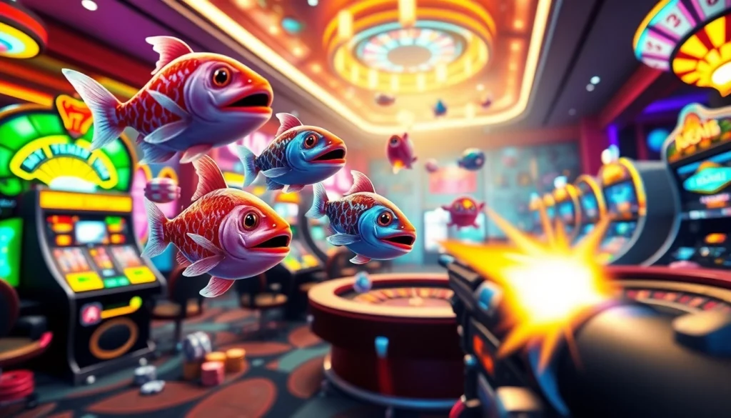 Action-packed scene of bắn cá đổi thưởng gameplay with vibrant 3D graphics and tactical casino elements.