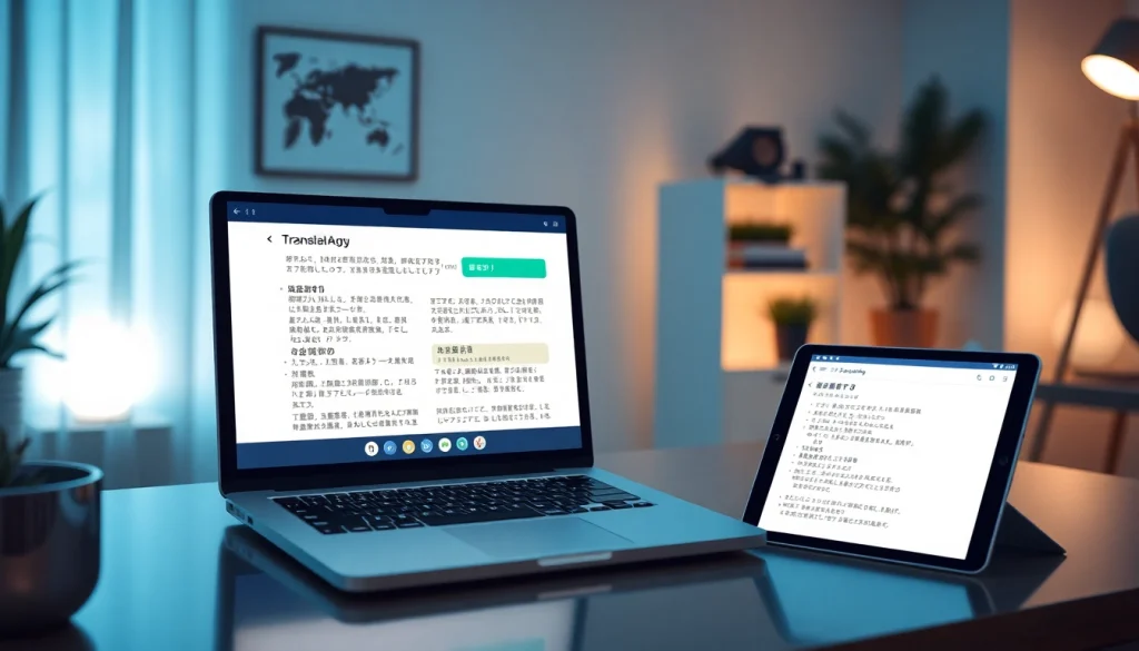 Engaging interface of 有道翻译 showcasing multilingual translation in a modern office.