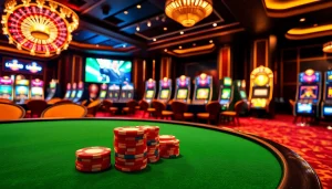 Vivez l'excitation d'un casino en ligne avec des jetons de poker vibrants et une roue de roulette tournante.