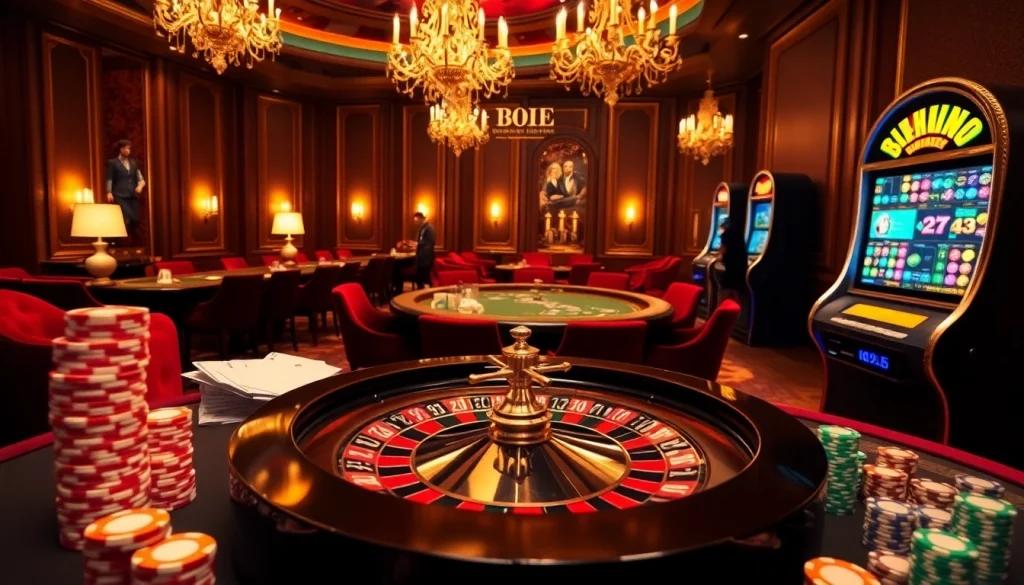Vivez l'excitation du casino en ligne France avec des jetons de poker vibrants et une roue de roulette, mettant en avant l'excitation des mises élevées.