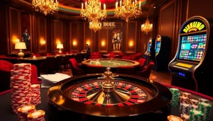 Vivez l'excitation du casino en ligne France avec des jetons de poker vibrants et une roue de roulette, mettant en avant l'excitation des mises élevées.