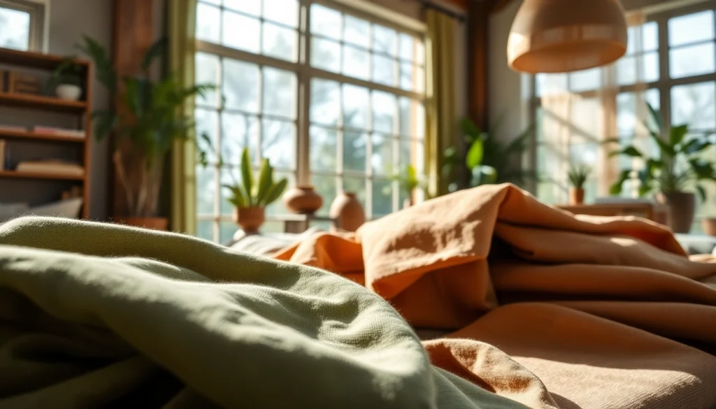 Duurzame stoffen in een stijlvolle setting met diverse eco-vriendelijke texturen en heldere verlichting.