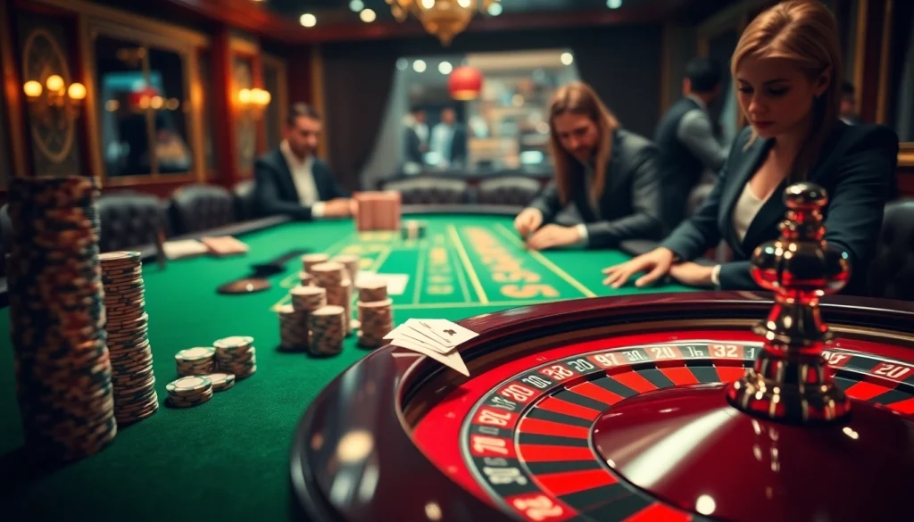 Une scène dynamique illustrant le casino en ligne France avec des jetons de poker glamours et une roulette captivante.