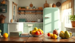 Showcasing a retro appliance refrigerator against a vintage kitchen backdrop filled with nostalgic elements.