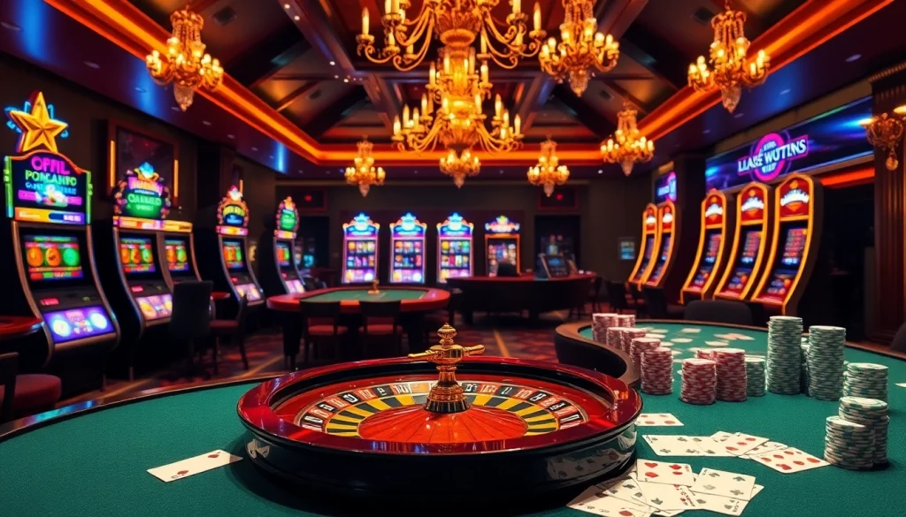 Une scène de casino en ligne France palpitante avec des tables élégantes, des machines à sous vibrantes et des éléments de jeu excitants.