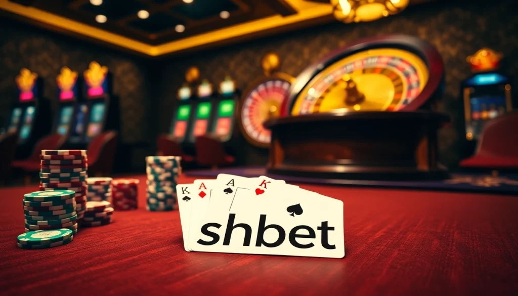 High-stakes poker scene at shbet casino with vibrant roulette wheel and luxurious ambiance.