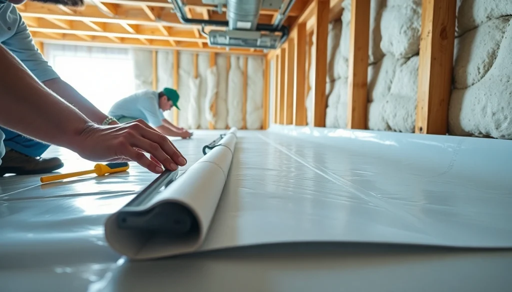 Vapor Barrier Installation process with technicians working to secure protective materials in a crawl space.