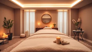 편안한 분위기와 매력적인 장식이 돋보이는 고급 마사지 치료 환경을 보여주는 마사지