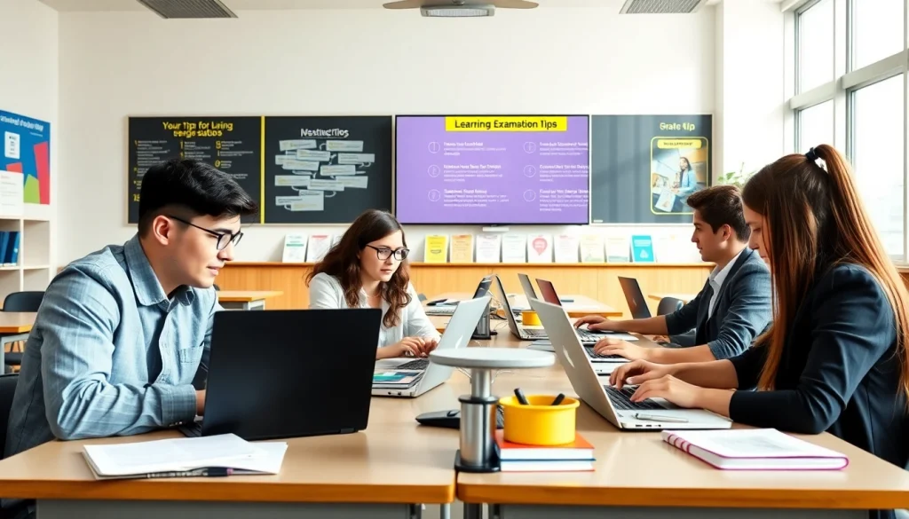 Students receiving online exams help focused in a bright classroom.