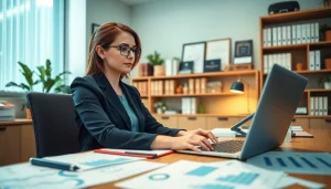 Marzena Owczarzak pracująca przy biurku w profesjonalnym Biurze Rachunkowym, prezentująca wiedzę i zaangażowanie.