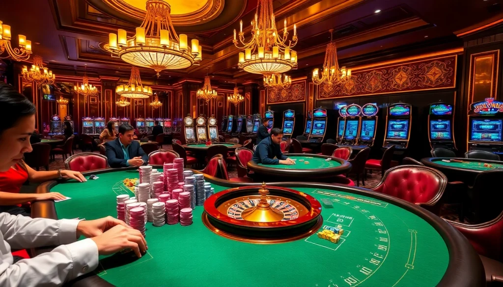 Joueurs engagés au meilleur casino en ligne profitant du poker et de la roulette dans une atmosphère luxueuse.