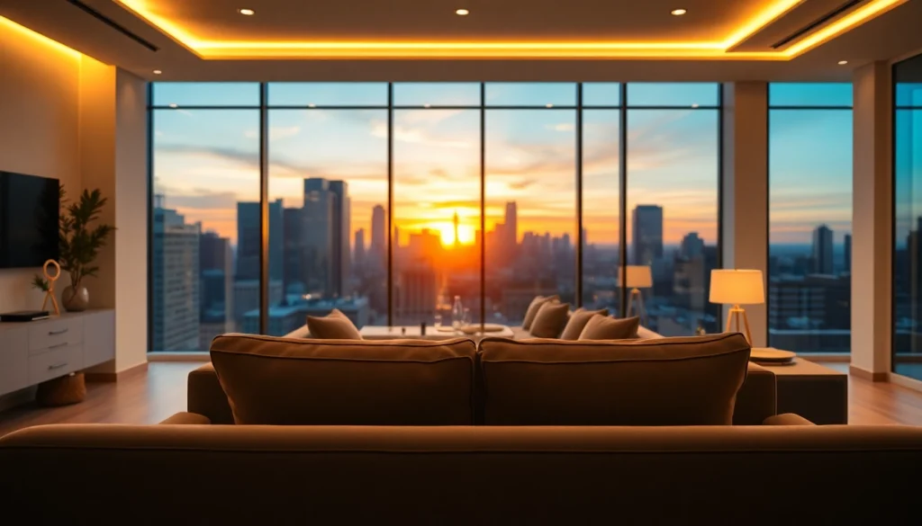 Sleek Illumination highlighting a modern living room with stylish decor and warm lighting.