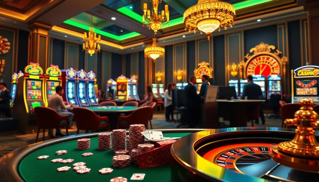 Découvrez l'excitation du casino en ligne avec des joueurs à une table luxueuse entourée de machines à sous vibrantes.