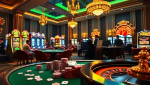 Découvrez l'excitation du casino en ligne avec des joueurs à une table luxueuse entourée de machines à sous vibrantes.