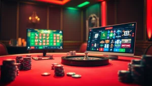 Scène engageante de jeu en ligne avec l'interface de casino en ligne France, jetons de poker et roulette.