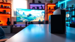 PS5 na eleganckim biurku gamingowym z podświetleniem RGB i monitorem.